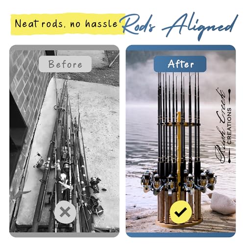 Rush Creek Creations Round 16 Fishing Rod Storage Rack - Features Traditional Handcrafted Wood Post - No Tool Assembly, Wood Grain Laminate