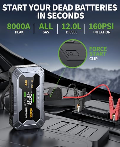 8000A 160PSI Jump Starter with Air Compressor, 12V Car Battery Jump Starter Power Bank(All Gas/12L Diesel), Car Starter with LED Flashlight, Force Start, Jump Pack with Jump Leads