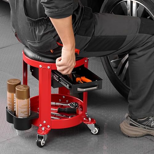 VEVOR Rolling Mechanic Stool with Wheels, 300 lbs Capacity Garage Seat/Work Stool, Padded Roller Creeper Seat with Fixed Height, Tool Tray and 2 Drawers, for Garage, Shop & Auto Repair, Red+Black