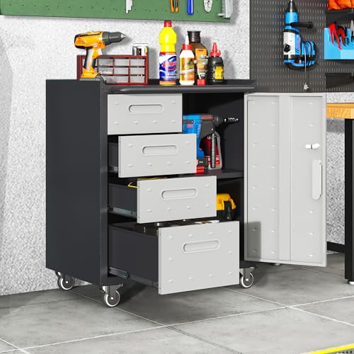 VIYET Garage Cabinets,Metal Garage Storage Cabinet with Wheels,Lockable Rolling Tool Cabinet with Drawer and Adjustable Shelves,Heavy Duty Tool Chest for Home Office Utility Room,Black/Grey