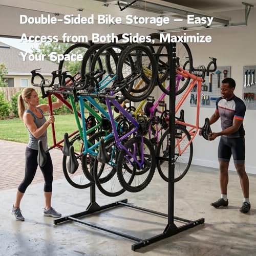 LAJIAOZ Vertical Bike Rack, 8 Bike Freestanding Storage System, Heavy Duty Floor Stand for Garage & Indoor Use, Adjustable Staggered Design for Mountain, Road, and Kids Bikes, 300 lb Capacity