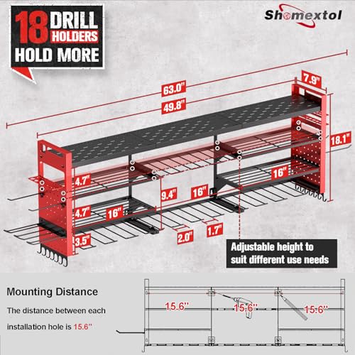 Shomextol 49.8" W Super Large Power Tool Organizer Wall Mount,4-Layer Heavy Duty Tool Storage with 18 Cordless Drill Holder,600 lb Capacity Garage Organization for Garage and Workshop (Red)