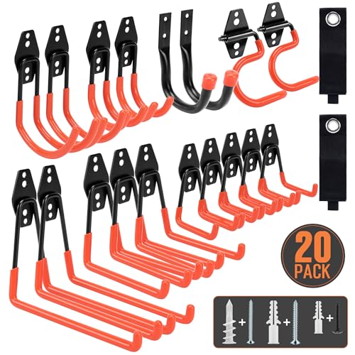 TONDA Garage Hooks, 20 Pack Garage Organization, Wall Storage Hooks Heavy Duty for Hanging Bike, Ladder, Garden Tools, Hose and Ropes, Orange