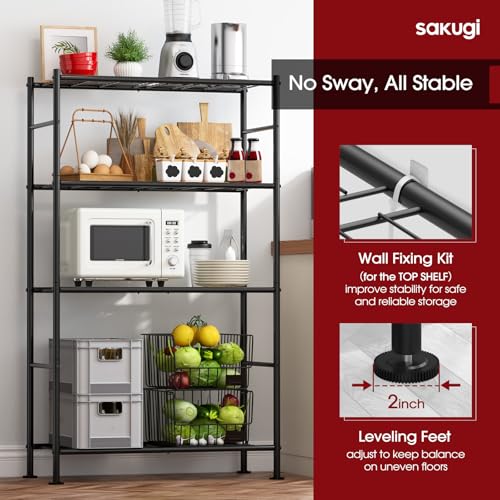Sakugi Storage Shelves - 4 Tier Shelf Organizer, Heavy Duty Garage Shelving Unit with Leveling Feet, Stable Metal Shelves Organizer for Pantry, Kitchen and Closet, 33.0" W x 12.6" D x 57.2" H, Black