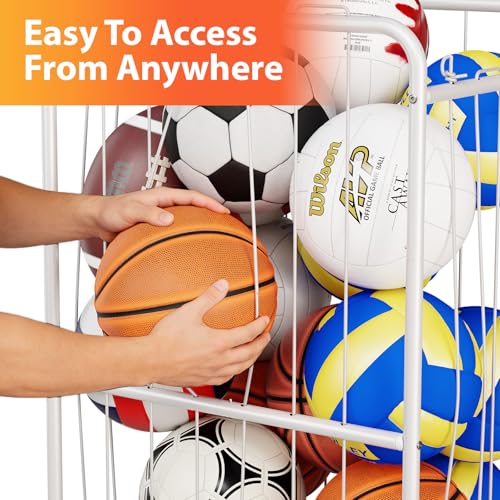 Olldide 210L 43-Inch Large Ball Storage Basket with Wheels, Rolling Cart Sports Equipment Garage Organizer with Elastic Rope for Easy Access, Holder for Basketball, Soccer, Volleyball, Football