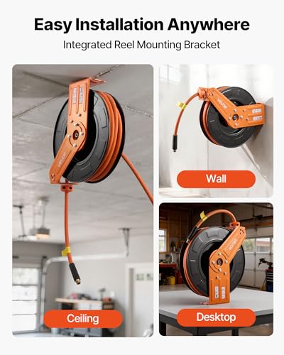 VEVOR Retractable Air Hose Reel, 1/2 Inch x 65 FT Rubber Air Hose Max 300PSI, Auto Rewind Air-Compressor Hoses Reel with 5 ft Lead in, Ceiling/Wall Mount for Garage Workshops