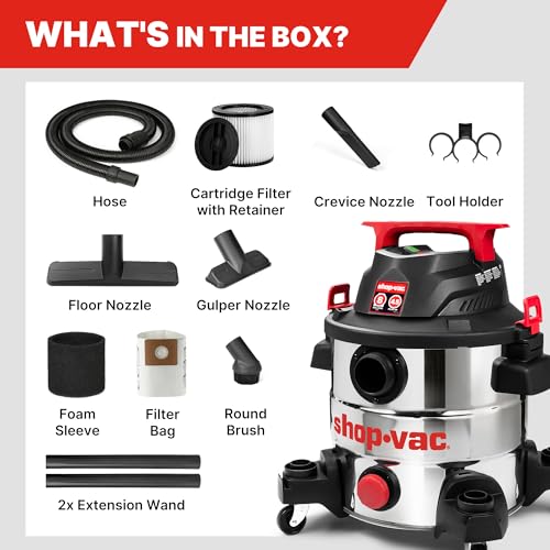 Shop-Vac 8 Gallon 4.5 Peak HP Wet/Dry Vacuum, Stainless Steel Tank, Portable with Drain Port, Blower Port, Hose and Accessories for Garage, Workshop, Jobsite, and Patio