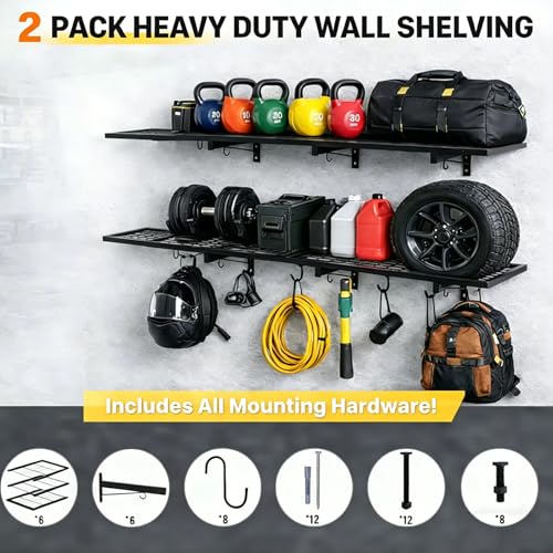 2 Pack Heavy Duty Garage Wall Shelves, 46"x12.5" Wall Mounted Floating Storage Shelf with 8 Hooks, Reinforced Powder Coated Steel Industrial Shelving, 380 LBS Load Capacity for Basement Workshop Shop