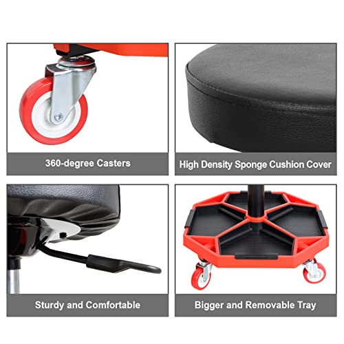 Big RED ATRXF8308R Torin Heavy Duty Pneumatic Garage Rolling Stool/Creeper Seat with Removable Plastic Tray, 300 lb Capacity, Black/Red