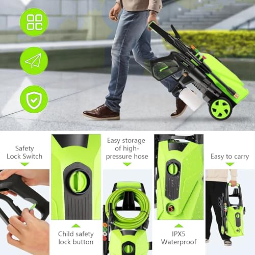 Pressure Cleaner 5000PSI High Power Cleaners with 33ft Pressure Hose, 4 Nozzles and Foam Cannon, for Home, Cars, Fences, Patio (Light Green)