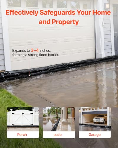VEVOR Flood Barrier, 8 Pack, 17 x 0.7 ft Flood Bags Activated by Water, Water Absorbent Barrier, Sandless Sandbags Blockage, Flooding Prevention Bags for Home, Doorway, Basement, Garage