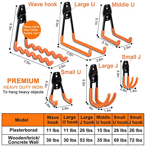 AOBEN 24PCS Garage Hooks, Heavy Duty Double Garage Hanger Organizer Wall Mount Iron Anti-Slip Garage Storage Hooks for Ladder, Power Tool,Bike,Ropes（23 Hooks & 1 hoder Strap-Orange