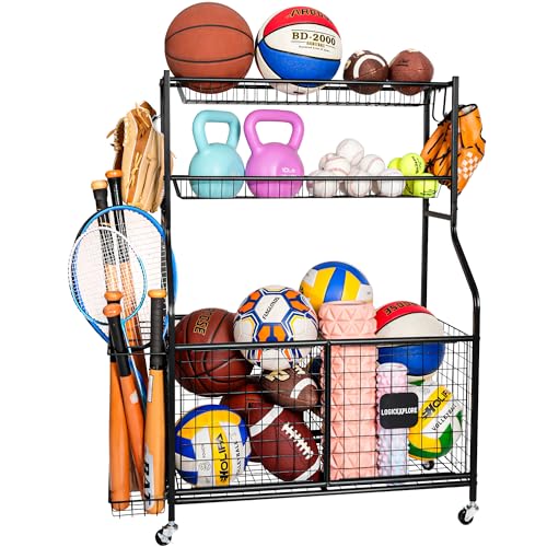 Logicexplore Sports Equipment Storage Organizer Rack with Rolling Wheels, Garage Ball Storage Cart for Basketball, Soccer, Baseball, Heavy-Duty Metal Sports Rack for Garage, Home, School Gym