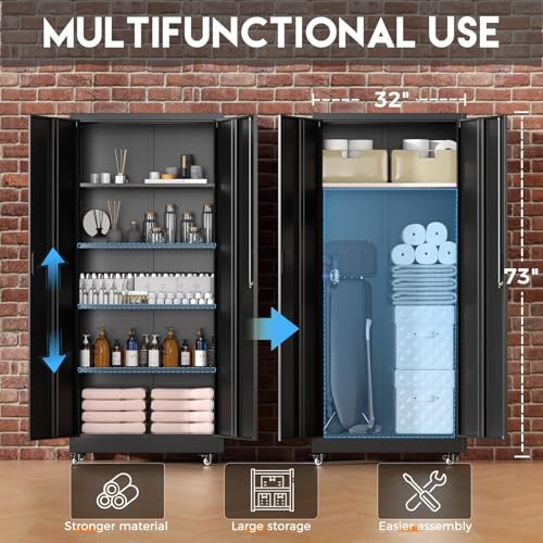 Greenvelly 73" Metal Storage Cabinet with Wheels, Black Garage Storage Cabinet with 4 Adjustable Shelves and Locking Doors, Garage Rolling Storage Cabinet for Warehouse, Garage, Home Office, School