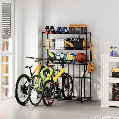 Riodalare 4 Bike Stand, Bike Rack Garage with 3-Tier Storage Baskets, Indoor Outdoor Bicycle Storage Stand Organizer, Metal Stability Floor Bicycle Station for Mountain, Road, Hybrid, Scooters