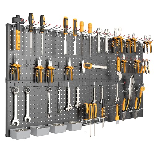 TORACK Garage Tools Organizer Boards Kit with Hooks, Modular Wall-Mounted Tool Storage Pegboard for Workbench(Black, 4 Panels with Hooks)