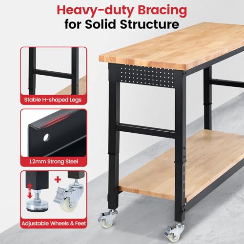 ENJOYWOOD Work Bench for Garage Adjustable Workbenches with Storage 60 Inch Garage Workbench with Under Table Shelf, Pegboard, Power Outlets for Woodworking, Home, Office, Workshop