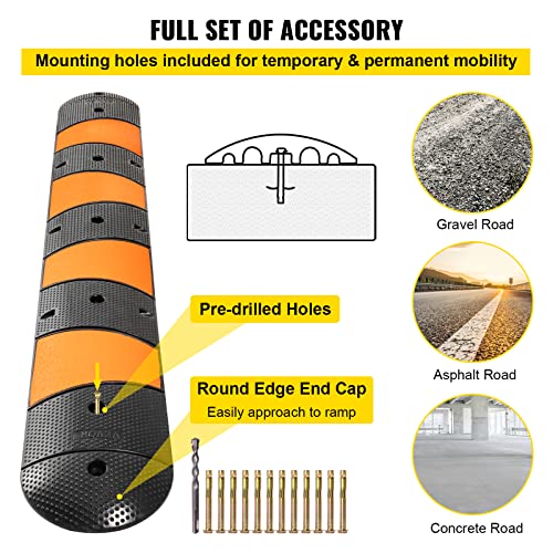 VEVOR Rubber Speed Bump, 1 Pack 2 Channel Speed Bump Hump, 72" Long Modular Speed Bump Rated 22000 LBS Loading, 72.8 x 12.2 x 2.2 Garage Speed Bump for Asphalt Concrete Gravel Driveway with 2 End Cap