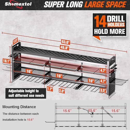 Shomextol 49.8" W Large Power Tool Organizer Wall Mount, Heavy Duty Tool Organizer with 14 cordless Drill Holder, 4 Layers Garage Organization and Storage Rack, Tool Rack for Garage Workshop, Black