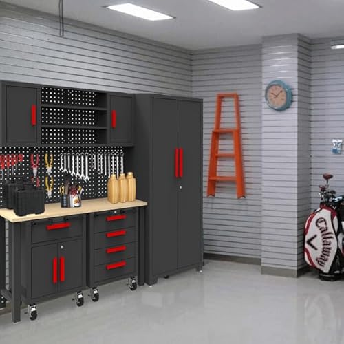 Big RED Garage Storage Cabinets System, 6-Pcs Workshop Cabinet Set in Black, Included Steel Cabinets Drawers Rolling Chest and Pegboard,Locked Garage Storage Cabinet
