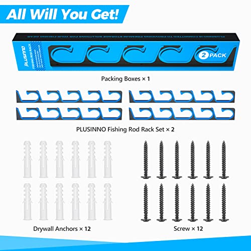 PLUSINNO H5 Horizontal Fishing Rod/Pole Holders for Garage, Wall or Ceiling Mounted Fishing Rod holder, Aviation Aluminum Fishing Pole Holder Holds up to 10 Rod or Combos or Nets Storage Racks