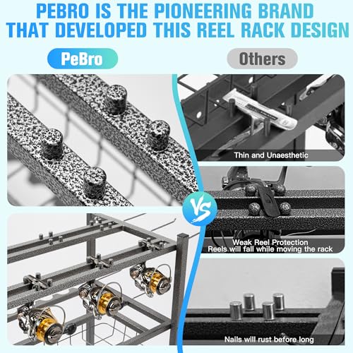PeBro Fishing Pole Holders, Fishing Rod Holders for Garage, Fishing Rod Holder for Fishing Rod Tackle Box Reel Storage, All-In-One Fishing Rod Rack with Hooks and Wheels