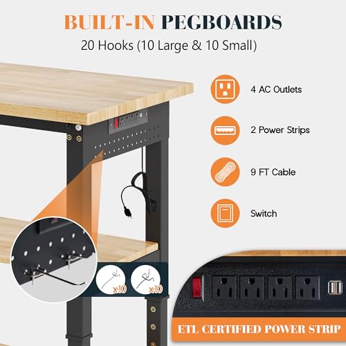 SPECRAFT 72" 2-Tier Heavy Duty Work Bench with Drawer & Pegboard, Workbench with Storage, Adjustable Height – 5200 LBS Capacity, Power Outlets, for Garage, Workshop & Home Use
