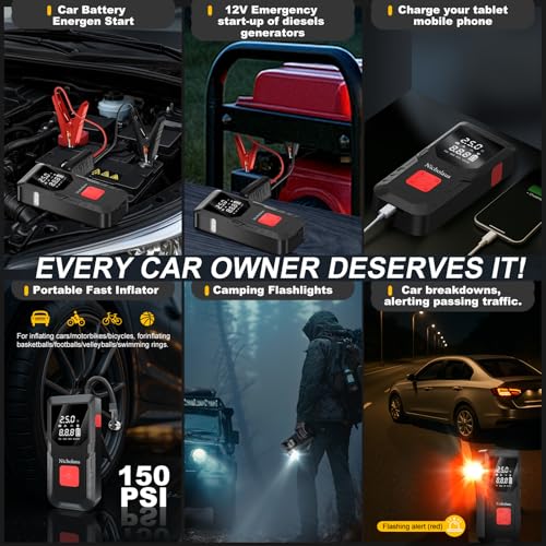 Nicholaus 12 V Car 8000 mAh Battery Jump Starter 2800A with 150psI Air Compressor, Compact and Practical Edition QB08L Safe Smart, Portable Jump Box and Charger for 6.0L Gas and 3.0L Diesel Engines.