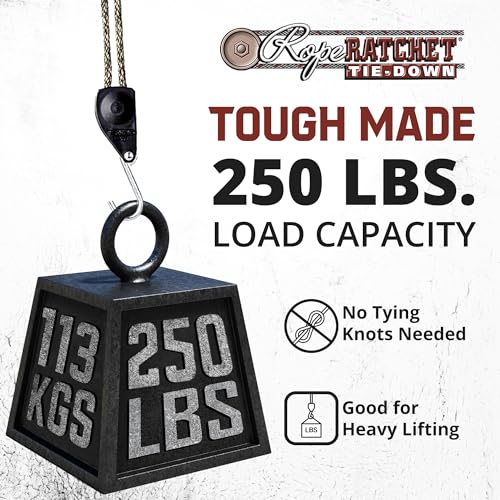 Rope Ratchet 3/8" 20' Solid Braided Rope Block and Tackle, Heavy Duty Pulley System Hoist for Lifting, Hanging Feeders, Garage Storage, Attic Lifts, Securing Loads, Tree Support, 250 lbs Capacity