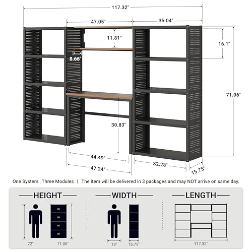 FLEXIMOUNTS Garage Storage System with Workbench & Pegboard, 117" Modular Garage Organization System, Heavy Duty Steel Garage Shelving & Tool Organizer for Garage Workshop, Black FLEXIMOD Series