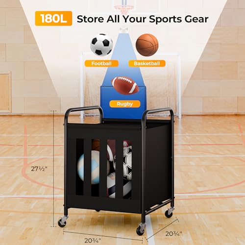 StorageWorks 180L Ball Storage with Wheels, Ball Cart for Garage, Garage Sports Equipment Organizer with Hooks, Balls Organizer for Basketball, Football, Volleyball