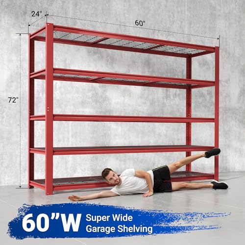 FLEXIMOUNTS 60" W Garage Shelving, 5 Tier Storage Shelves Load 1500LBS, Adjustable Garage Shelving Heavy Duty, Metal Shelves Unit for Basement, Warehouse, 60" W x 72" H x 24" D, Red