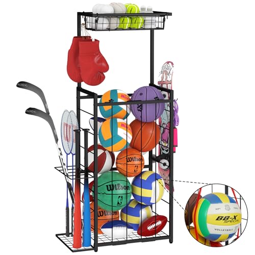 Sports Equipment Organizer, Small Garage Ball Storage Rack with Elastic Straps and 3 Hooks, Garage Organization Storage Rack for Balls and Sports Equipment, Toy Organizer Stand for Room, Gym, Black