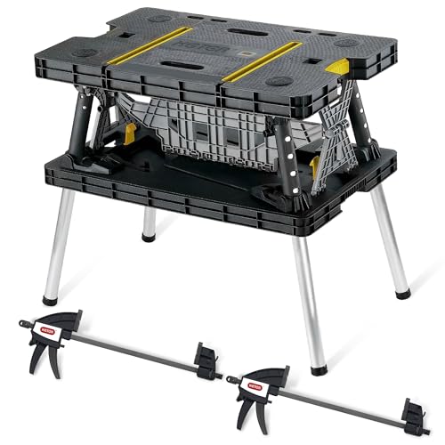 Keter Heavy-Duty Folding Workbench with 1,000 Pound Capacity - Foldable Work Table for Garage, Woodworking, and Outdoor Workshop with 12 Inch Adjustable Clamps