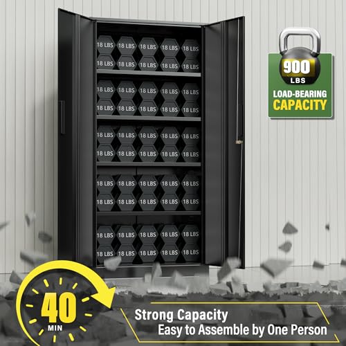 Greenvelly Metal Storage Cabinet, 72" Black Steel Garage Cabinet with Doors and Adjustable Shelves, Metal Cabinet with Lock,Garage Cabinets and Storage System for Garage,Home Office,School