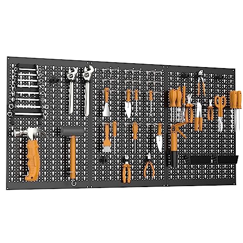 TORACK 3 PCS Metal Pegboard Panels for Garage Wall Utility Tools Storage Pegboard for Workbench, Modular Peg Board Tool Organizer Board Kit(Pack of 3, Black)