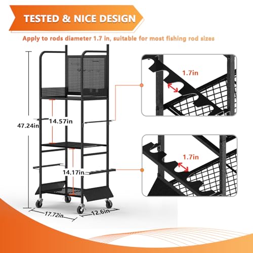 Lezbanz Heavy Duty Fishing Rod Rack with Pegboard & Hooks, Fishing Organizer for Garage Holds Up to 10 Rods, 3-Tier Fishing Gear Holder for Garage with Movable Wheels