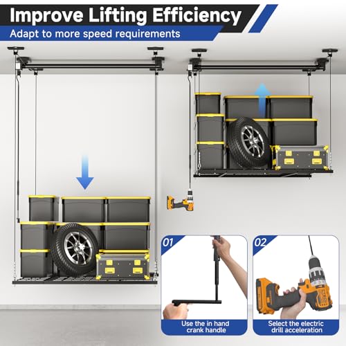 GADFISH Garage Ceiling Lift Storage Rack, Easy Lifting 85" Height 4x4 Ft Overhead Garage Storage Rack for Space Saving with Safety Lock, Suitable for 16"/24" Ceiling, 350LBS Capacity