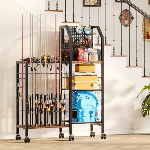 Fishing Rod Holders for Garage, Convenient Pegboard with 14 Long Utility Hooks, Fishing Rod Rack Up to 16 Rods, 3 Tier Fish Pole Stand with Fishing Reel Holders & 8 Hooks for Fishing Gear Accessories