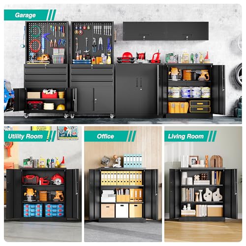 SISESOL 36 inch Metal Storage Cabinet with Doors and Shelves,Small Garage Storage Cabinet with Lock,Black Metal Cabinets with Locking Doors for Home,Office,Short Garage Cabinets