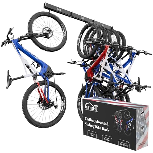 USA Based Ceiling Bike Rack Garage Storage Mount, Bicycle Hanger For Up To 6 Bikes, Sliding 51" Heavy Duty Hook Racks With Padded Hanging Mounts, Hooks Hangers (Black, 3 Rails - 6 Hooks)