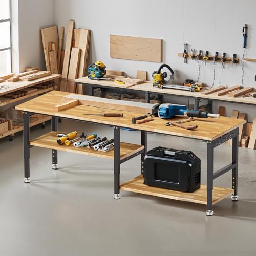 96” Adjustable Work Bench, 2-Layer Heavy Duty Workbench, 6000 LBS Capacity Workbench with Pegboard & Power Outlet, Rubber Wood Work Table for Garage, Office, Workshop, Home