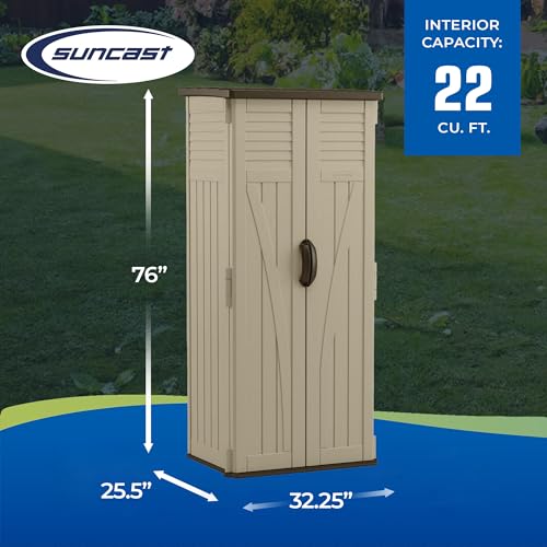 Suncast Vertical Shed, Compact Outdoor Storage System, 22 Cu. Ft. Capacity, Sand & Mustang - Lockable Multi-Wall Resin Organizer for Long-Handle Tools, Garden Supplies and Yard Equipment