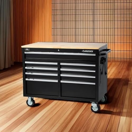 HuskyTools Workbench, Extra Deep 46 in. 9-Drawer Mobile, Wood, Black, 200 lb Load Capacity