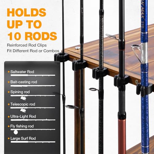 Ghosthorn Fishing Rod Holders Fishing Pole Rack for Garage Hold up to 10 Rods Wooden Fishing Pole Holders Organizer Fishing Rod Rack Fishing Gear Storage Equipment(Carbonization，4 Tier)