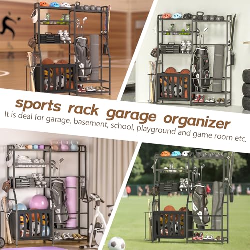 Faesun Garage Sports Equipment Organizer, Golf Bag Storage Rack, Heavy Duty Ball Holder with Basket & Hooks, Indoor/Outdoor Basketball Storage Bins for Toy Sports Gear Storage