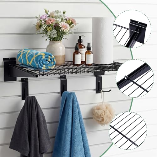 Noliven 4 Pack 23.6x16.3 Inch Slatwall Shelves, Carbon Steel Slat Wall Wire Shelf with 12 Hooks, 55 lbs Load Capacity Per Piece, Universal Slatwall Accessories for Retail, Garage, Home, Black