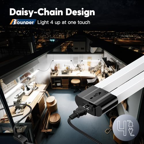 BBOUNDER 4 Pack Linkable LED Utility Shop Light, 4400 LM, Super Bright 6500K Cool Daylight, 4 FT Integrated Fixture for Garage, 40W Equivalent 250W, Surface + Suspension Mount, Black