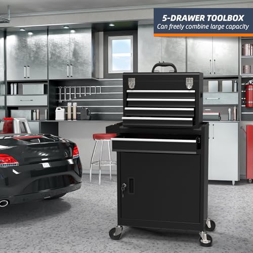 Granper 5-Drawer High Capacity Rolling Tool Box, Removable Cabinet Storage Tool Chest with Wheels and Drawers, Detachable Toolbox with Lock for Mechanics Garage Workshop and Tool Room (Black)