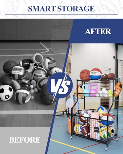 Logicexplore Sports Equipment Storage Organizer Rack with Rolling Wheels, Garage Ball Storage Cart for Basketball, Soccer, Baseball, Heavy-Duty Metal Sports Rack for Garage, Home, School Gym